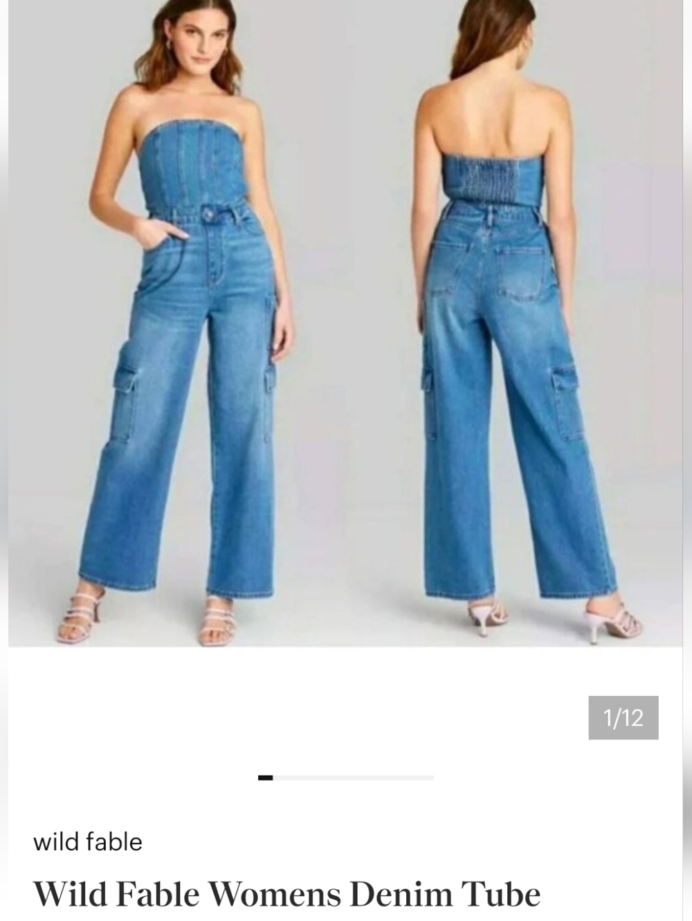 wild fable Blue Strapless Denim Straight-Leg Jumpsuit With Cargo Large